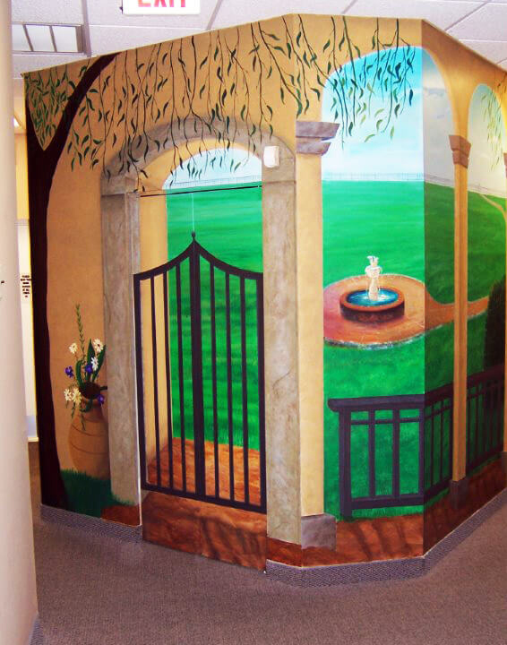 Gate and Lawn Painting Painted on a Curved Wall