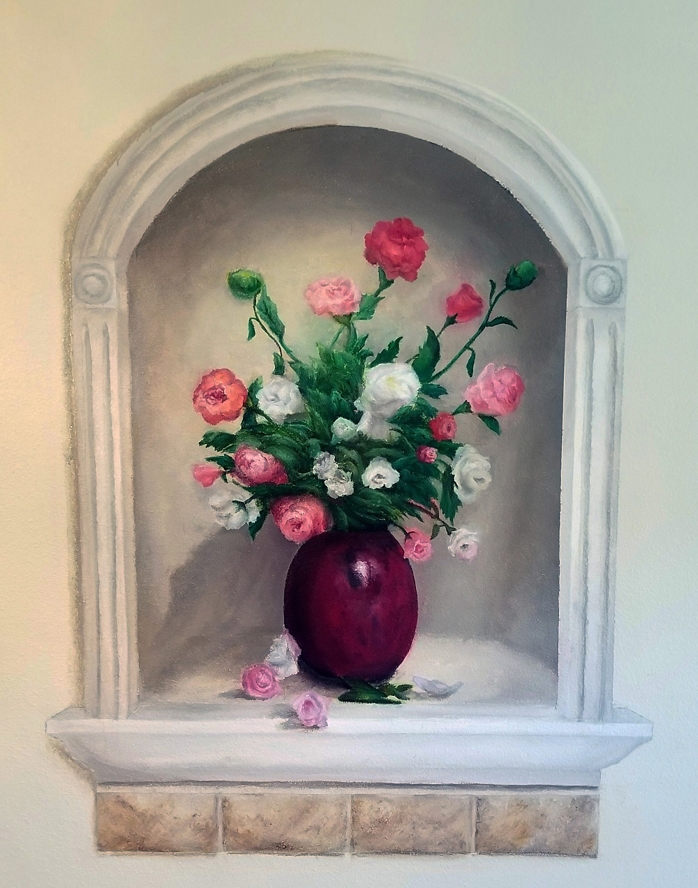 A Flower Vase With White and Pink Color Roses Painting