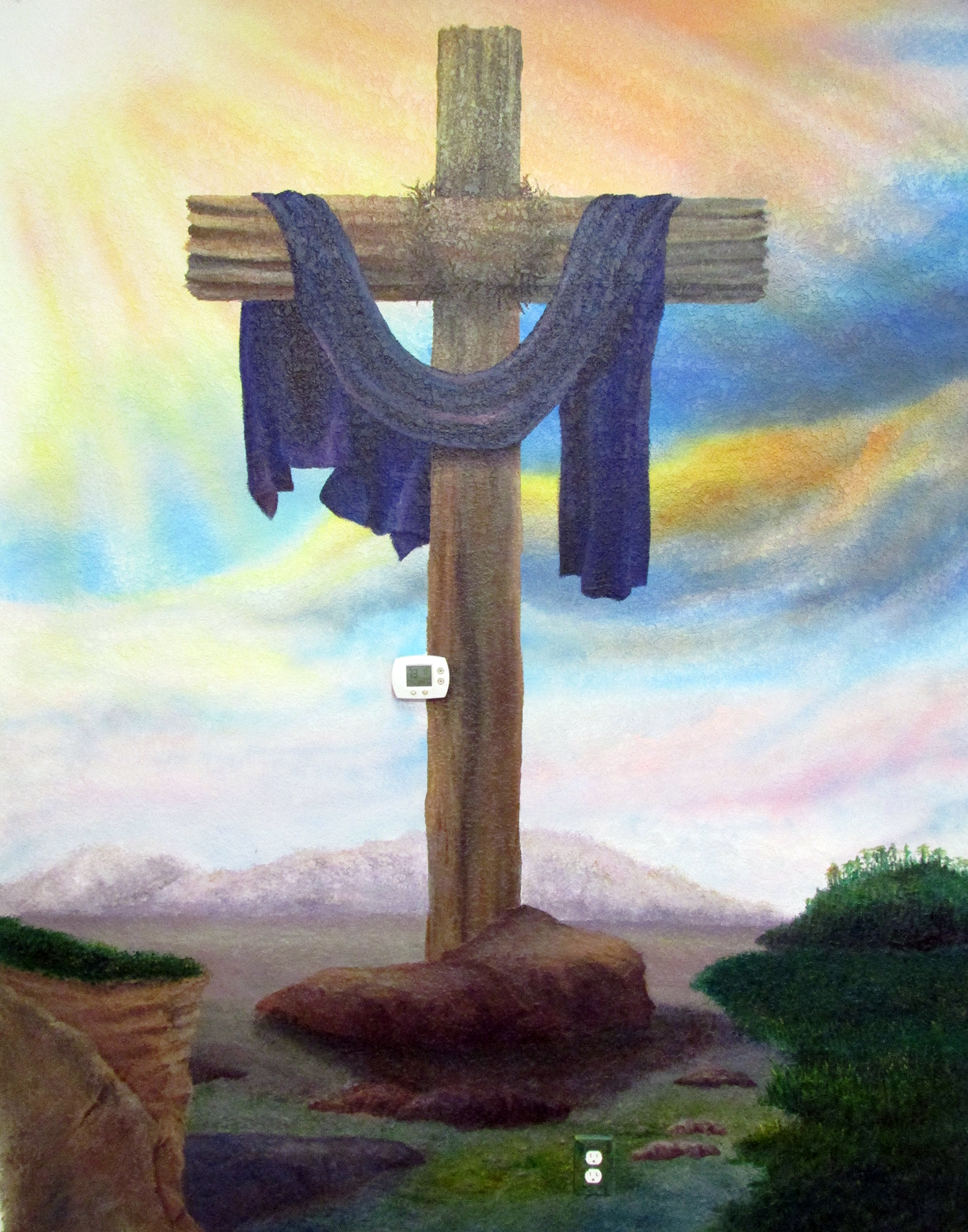 Wooden Cross With A Blue Scarf Around Painting