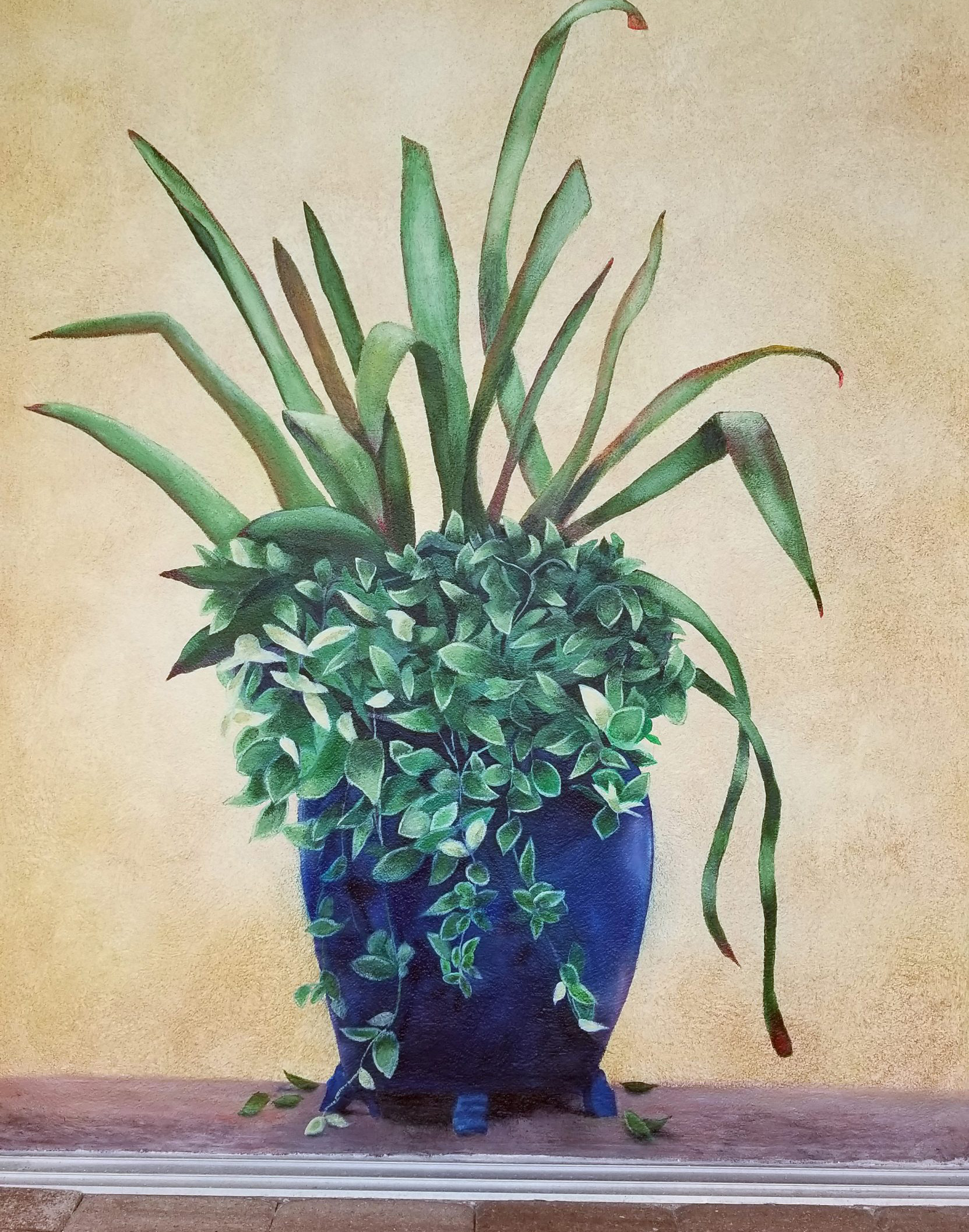 Green Leaves Put in a Blue Color Vase Painting